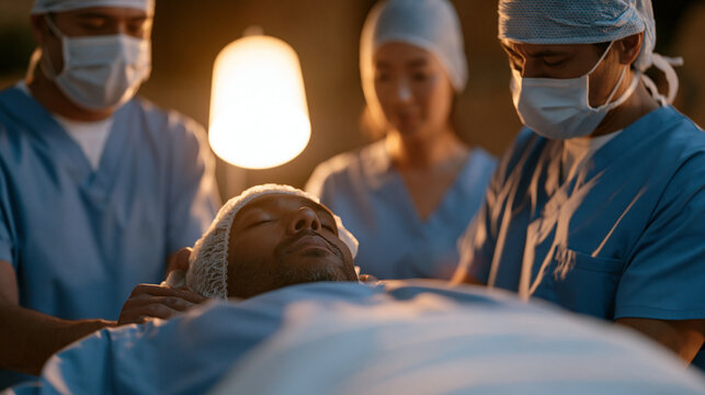 Ophthalmology surgical team in a warmly lit recovery suite performs coordinated post procedure muscle tension assessment, diverse scrub clad clinicians using structured massage