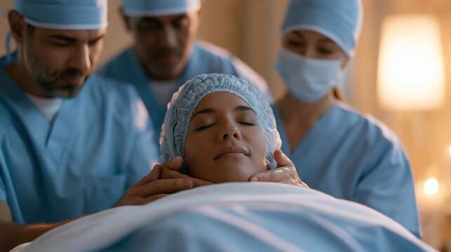 Ophthalmology surgical team in a warmly lit recovery suite performs coordinated post procedure muscle tension assessment, diverse scrub clad clinicians using structured massage