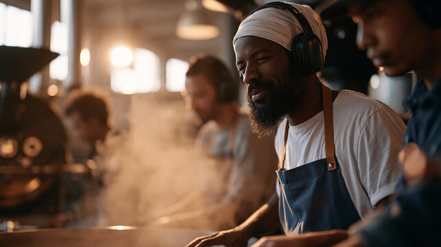 Coffee roasting team of multicultural workers in early morning mist filled warehouse, Colombian and Ethiopian and Vietnamese roasters gathered around drum roaster adjusting