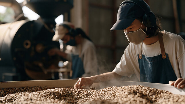 Coffee roasting team of multicultural workers in early morning mist filled warehouse, Colombian and Ethiopian and Vietnamese roasters gathered around drum roaster adjusting