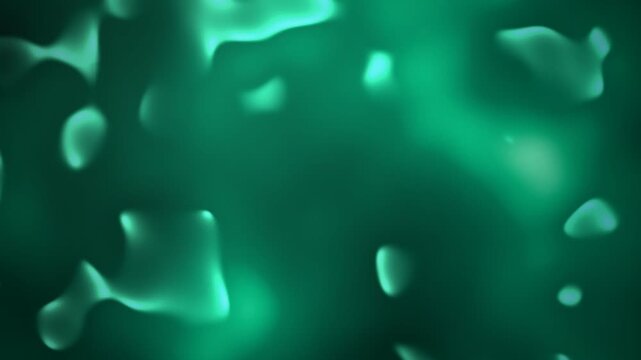 Abstract emerald green fluid shapes floating and glowing in a dark background setting