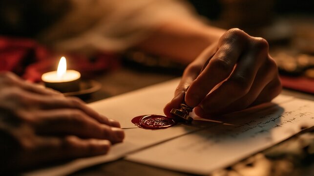 Macro close up of unrecognizable hand pressing a brass seal into warm soft wax with soft natural light and copy space