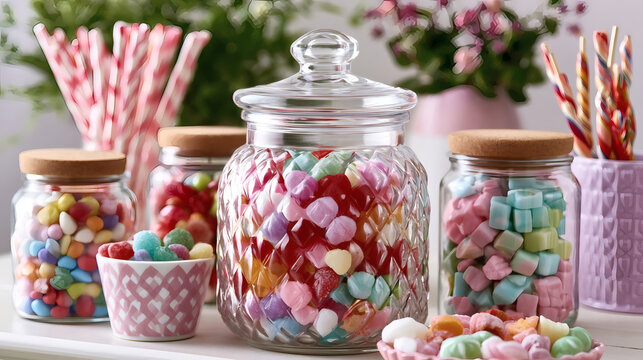 Colorful candies in glass jars and cups on a table, with pastel decorations and flowers in the background. Sweet snacks and treats for festive celebrations or candy buffets.