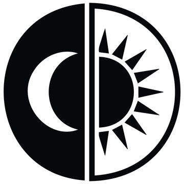 Day and night sun moon vector silhouette illustration on white background line art.