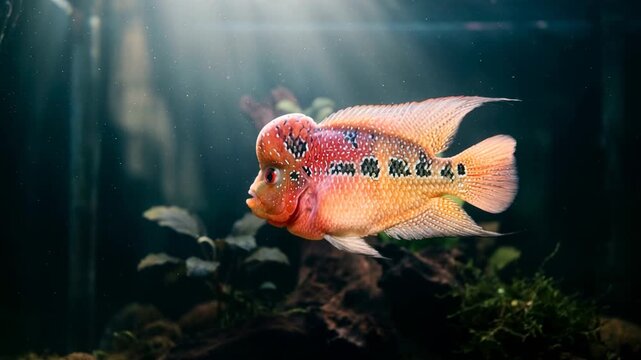 flowerhorn fish close up underwater in southeast asian aquarium morning light video