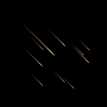 Golden Falling Stars and Meteor Shower with Glowing Trails on Black Background