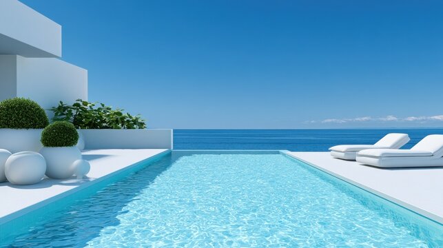Modern villa pool deck with stunning ocean horizon.