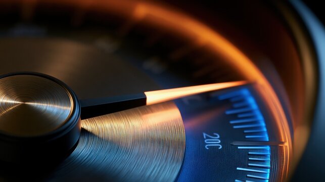 Precision risk dial with a glowing needle settling gently into a balanced zone in a clean minimal composition