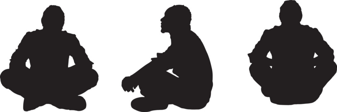 vector,  silhouette of front,side and back view of a man sitting on he floor legs crossed