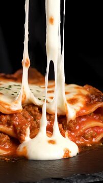 Delicious cheesy pasta dish pulled apart with strings of cheese