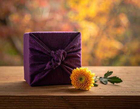 Japanese gift wrapped in purple furoshiki cloth with yellow chrysanthemum for Respect for the Aged Day
