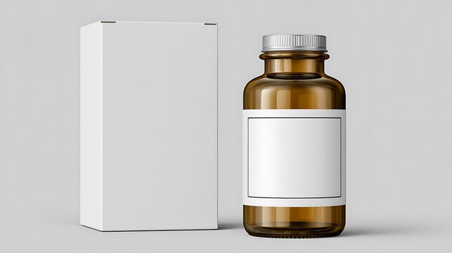 Amber pill bottle and blank cardboard box isolated on white background. Mockup for medical supplement packaging design.