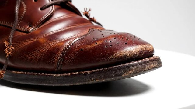 Close-up of Worn Brown Leather Shoe with Detailed Stitching and Toe Cap Perforations on a White Surface