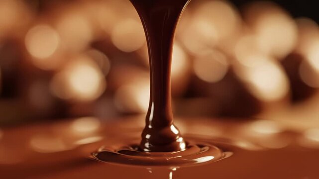 Macro close-up of thick liquid chocolate dripping in slow motion. Detailed shot of viscosity and texture against warm golden bokeh background. Professional food photography asset.