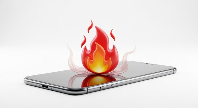 3D illustration of a smartphone with a flame icon on the screen, concept for overheating or viral content