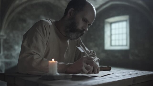 Medieval prisoner pausing his writing with a quill pen and extinguishing a burning candle with his fingers, while sitting at a rough wooden table, inside a chilly dungeon