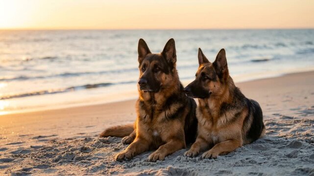 two german shepherd dog at beach close up on german coast golden light video