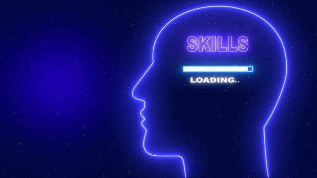 Neon blue outline of a human head profile with the word Skills and a loading bar on a dark blue starry background