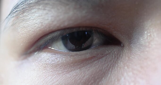Macro close-up of a human eye showing detailed iris, eyelashes, and skin texture, representing vision, eye health, observation, ophthalmology, beauty, and biometric identification, Asian woman people