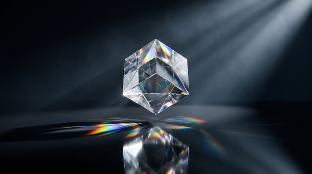 A striking geometric crystal, possibly a diamond or prism, refracts light into a vibrant spectrum of colors against a dark, moody background.