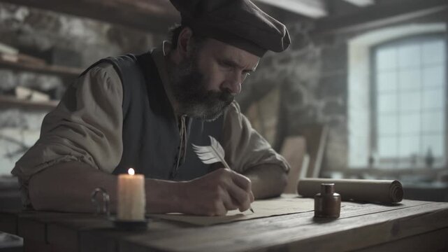 A medieval scholar pausing during writing with a quill pen on a geometric sketch, looking ahead thoughtfully while sitting near a burning candle inside a workshop with stone walls