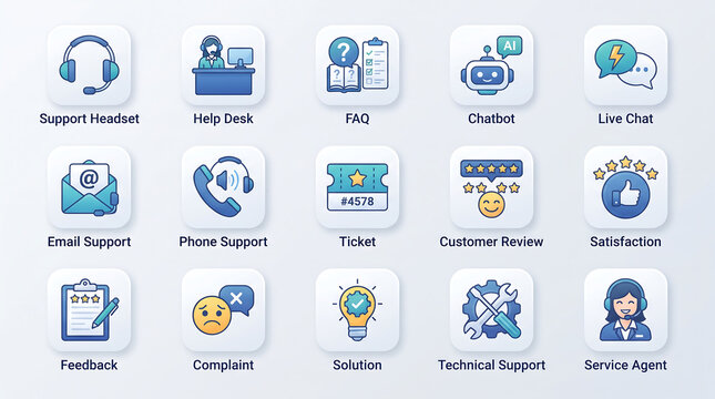 Customer service and technical support icons set featuring help desk chatbot live chat email phone ticketing system feedback satisfaction.