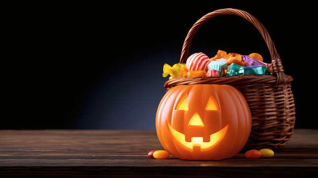 Glowing jack-o'-lantern and wicker basket filled with colorful Halloween candies on wooden table, festive decoration for spooky holiday celebration.