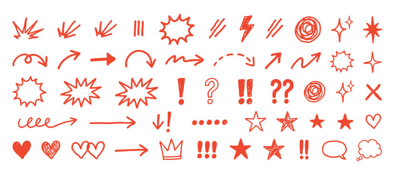 Hand drawn scribbles and symbols in red a collection of sketched shapes