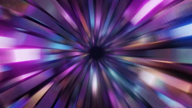 Fast motion through a futuristic metallic tunnel with purple and blue light rays reflecting off silver surfaces in a seamless looping scifi background