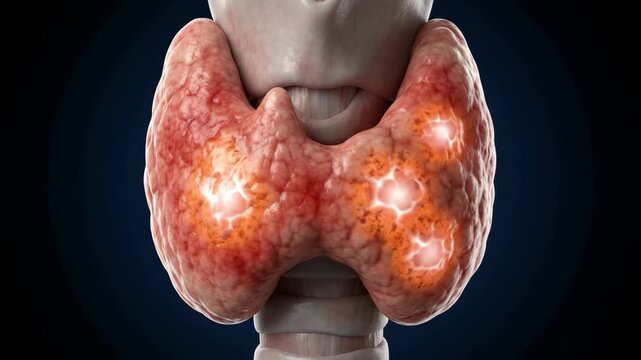 3d animation of human thyroid gland with glowing hotspots