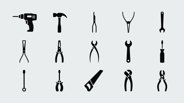 Set of 15 Black Construction and Repair Tools Icons Vector