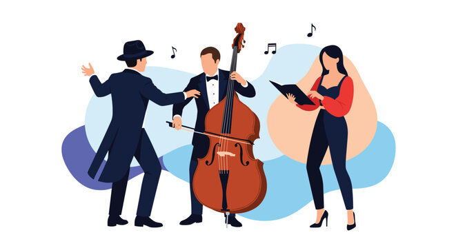 Three musicians performing together with a man playing double bass, a woman singing with a book, and a conductor leading the ensemble.
