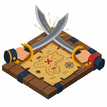 Isometric vector illustration of two pirate cutlass swords clashing over a vintage treasure map with an X marking the spot on a rustic wooden table top background.