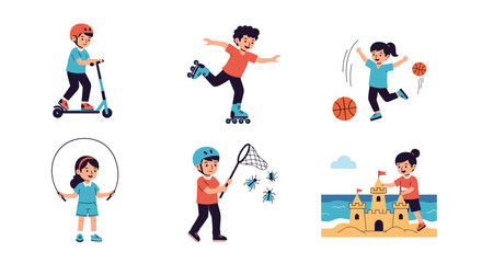 Fototapeta premium Diverse children engaged in outdoor activities including scooting, skating, playing basketball, jumping rope, and building sandcastles.