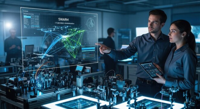 Engineers monitoring drone swarm data in a silicon photonics lab showcasing innovative secure communication networks for unmanned aerial vehicles.