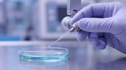 Fototapeta premium Gloved hand operating a mechanical pipette to dispense a drop of blue liquid into a glass petri dish in a modern laboratory setting