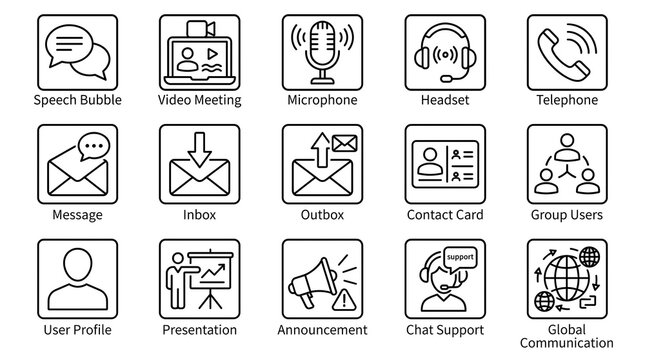 Professional communication icon set showing speech bubbles video meetings microphone headsets telephones and global connection digital tools.