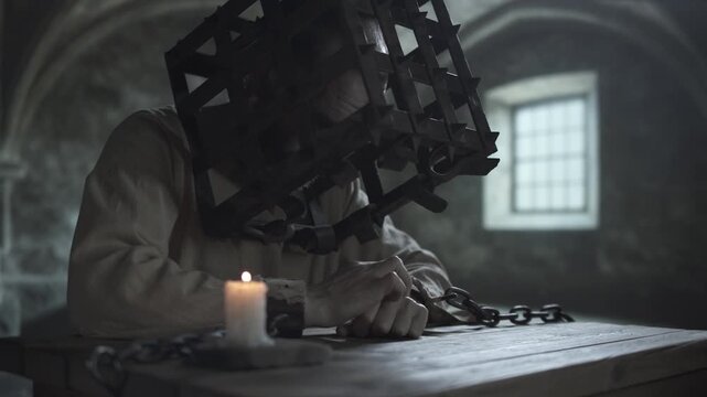 Medieval prisoner with an iron head cage and chains slowly scratching his hand near a burning candle on a stone base on a wooden table inside a gloomy dungeon