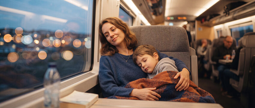 Mother and sleeping son on train journey, captured in warm candid lighting with soft bokeh outside the window, illustrating comfortable family travel and cozy passenger transportation during