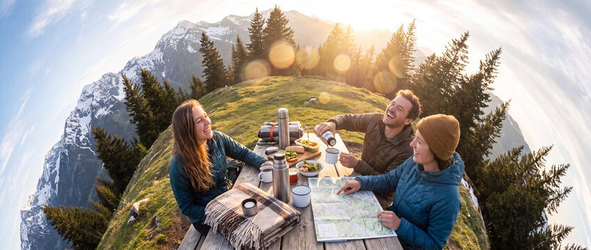 Friends having a mountain peak picnic in a wide-angle fisheye photo, featuring warm golden hour sunlight, thermos drinks, snacks, and a map for outdoor travel and hiking concepts