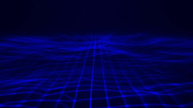Moving blue digital wireframe grid or mesh network with glowing lines in a seamless wave pattern for technology and cyberspace backgrounds