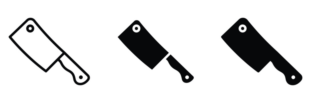 Meat cleaver and butcher knife icon vector set. Kitchen cooking tool, meat cutting equipment, and culinary axe symbol. Vector Illustration.
