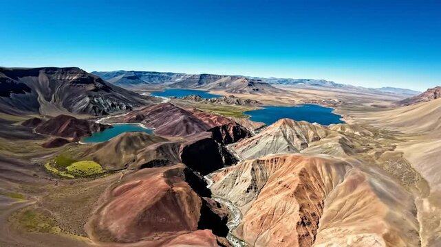 Epic aerial view of the majestic Andes mountains in vibrant colors with a condor soaring through the blue sky