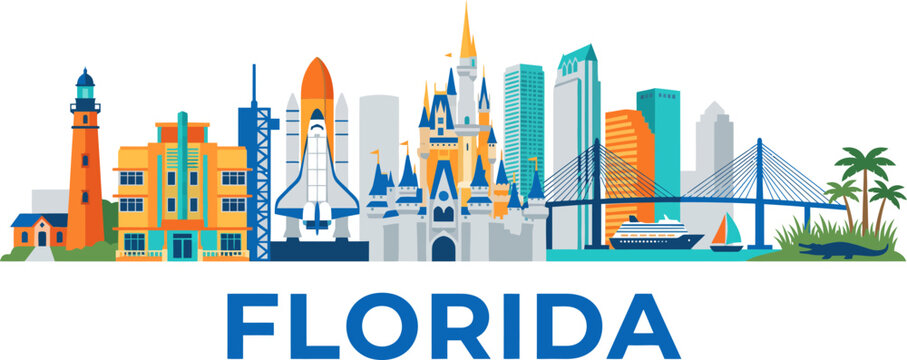 Colorful artistic skyline illustration of florida featuring iconic landmarks and a space shuttle on a white background