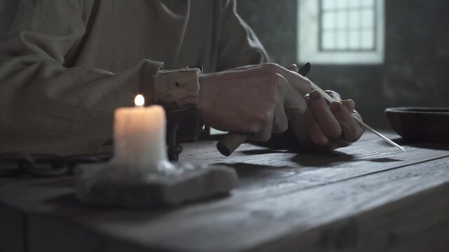Close up of medieval prisoner hands in iron shackles cutting a goose feather pen near a burning candle on a rustic wooden table inside a gloomy dungeon