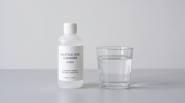 A bottle of Salicylic Acid Cleanser 2% BHA next to a clear glass of water on a plain gray surface.