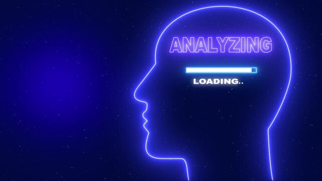 Neon blue outline of a human head profile with the word Analyzing and a loading bar on a dark blue starry background