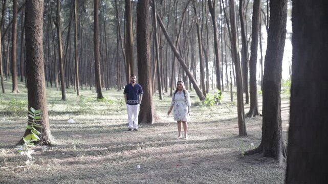 Romantic Couple Walking Together in a Serene Pine Forest During Daylight