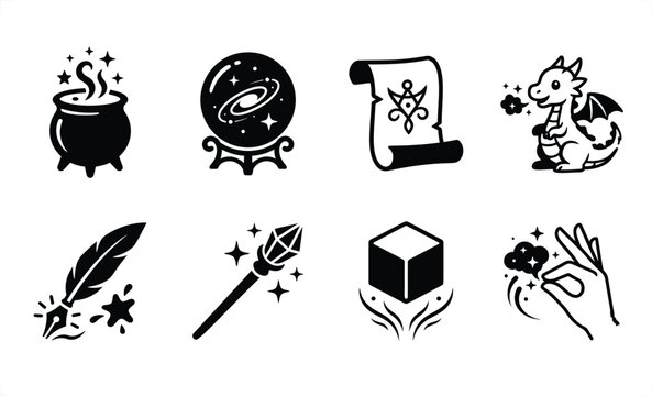 Fantasy magic icons with potion cauldron crystal ball dragon quill and wand vector illustration