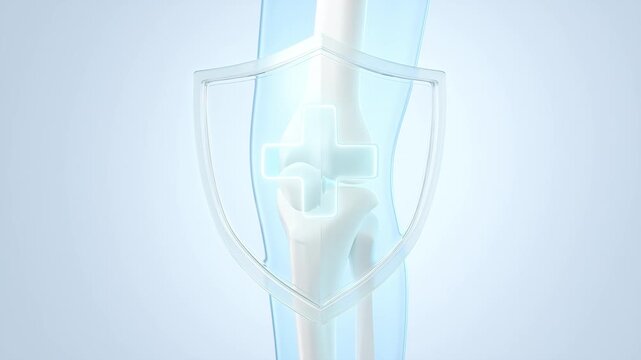 Knee joint structure with a protective shield, illustrating joint support, collagen protection, medical treatment, and healthy bone health.